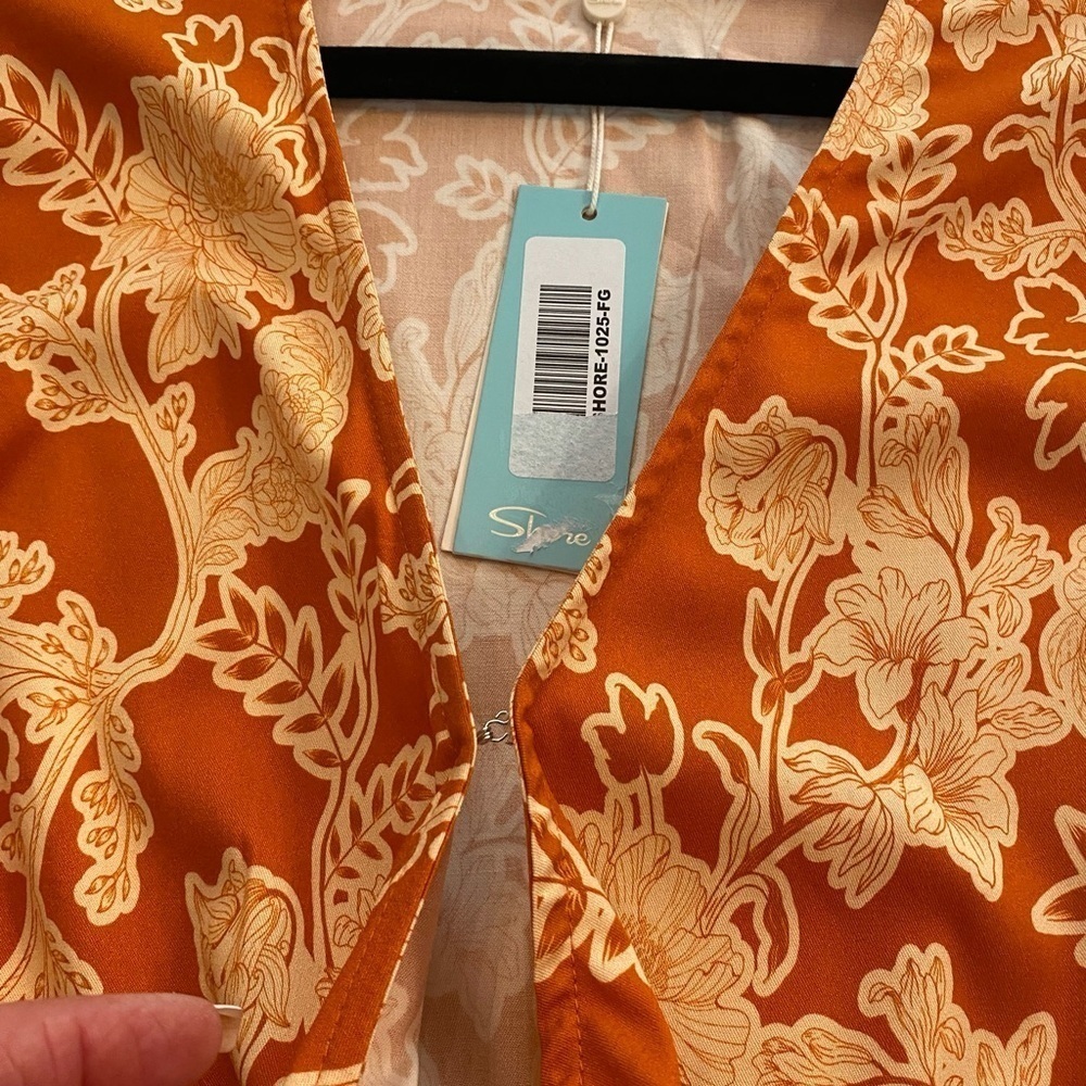 Shore Women’s Floral Short Dress Orange Gold Peep Hole Summer New Medium Resort - Picture 14 of 16